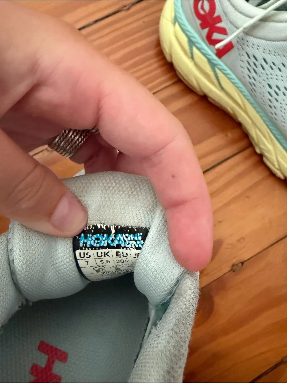 Hoka Women's Light Mint Athletic Shoes with Yellow Midsole and Coral Logo size 7